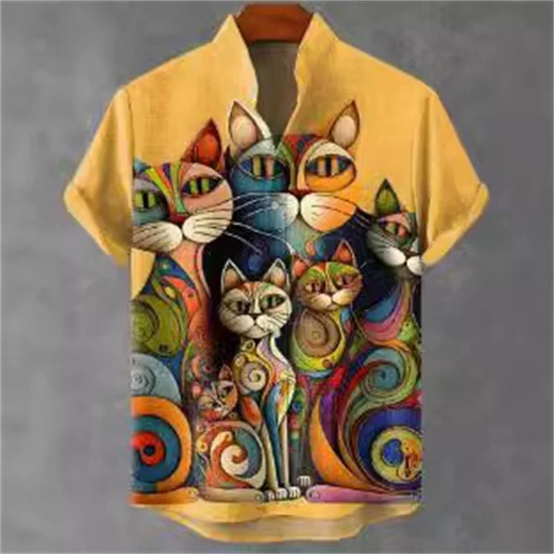 Художественные семь цветов рубашка с короткими рукавами и шестью кошками