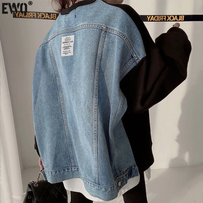 

[EWQ] Fashion Women Autumn 2022 Spring New Back Letter Patch Denim Spliced Loose O-neck Pullover Long Sleeve Sweatshirt 16R557