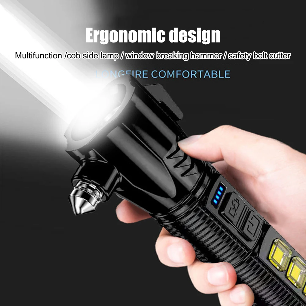 

USB Rechargeable 1200mAh 300lm Safety Hammer Portable LED Flash Camping Lights for Outdoor Hiking 2 Modes Strong Flashlight