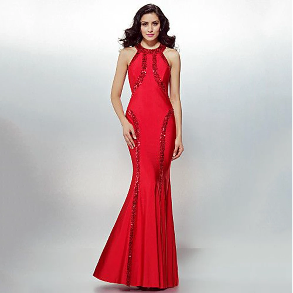 

Weilinsha High-end Elegant Evening Dress of Red High Collar Mermaid Beading Fllu Customizable Multi Size Party Prom Gowns