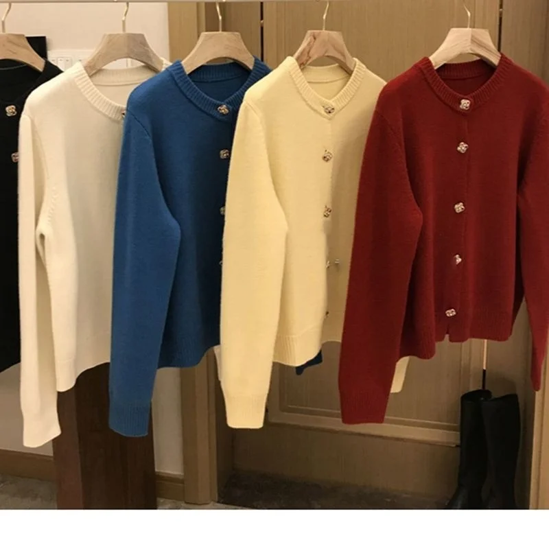 

Solid O-Neck Sweater French Elegant Single Breasted Women's Spring Autumn Winter New Fashion All-match Long Sleeve Top Coat