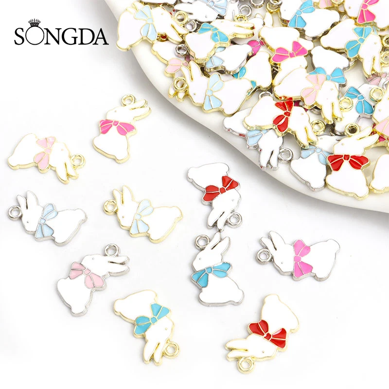 

10pcs Cute Bow-tie Bunny Enamel Charms Colorful Cartoon Rabbit Animal Alloy Drip Oil Pendants For Making DIY Jewelry Accessories
