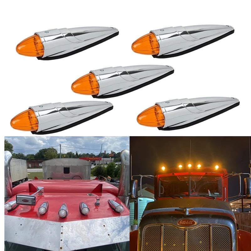 5x 17LED Amber Chrome Cab Marker Clearance Roof Top Light Heavy Duty Trucks For Kenworth For Peterbilt For Freightliner For Mack