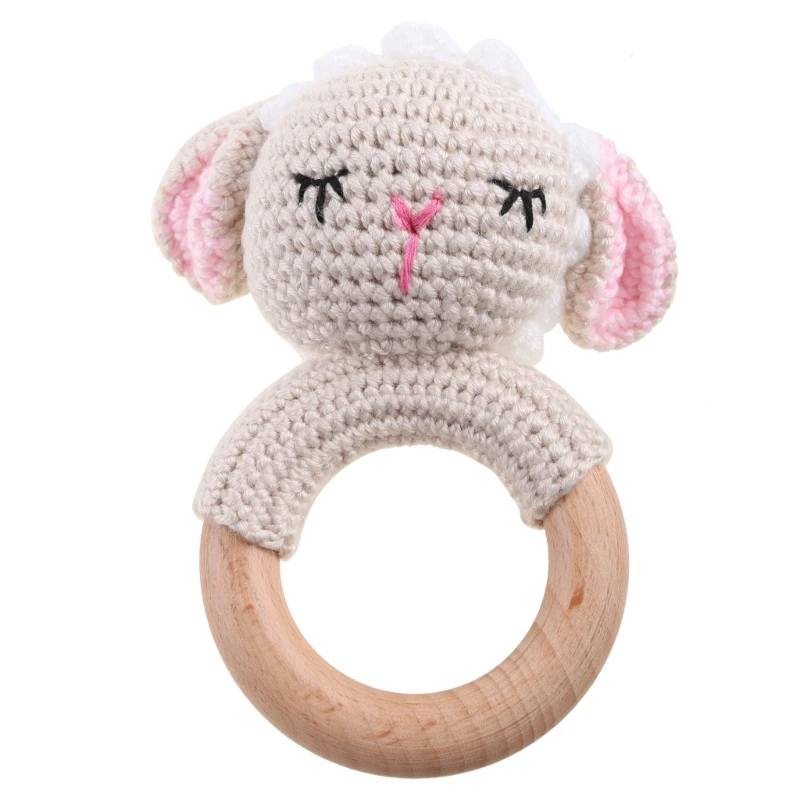

Baby Wooden Teether Ring DIY Crochet Sheep Rattle Infant Nursing Soother Molar Teething Toys for Newborn Shower Gifts