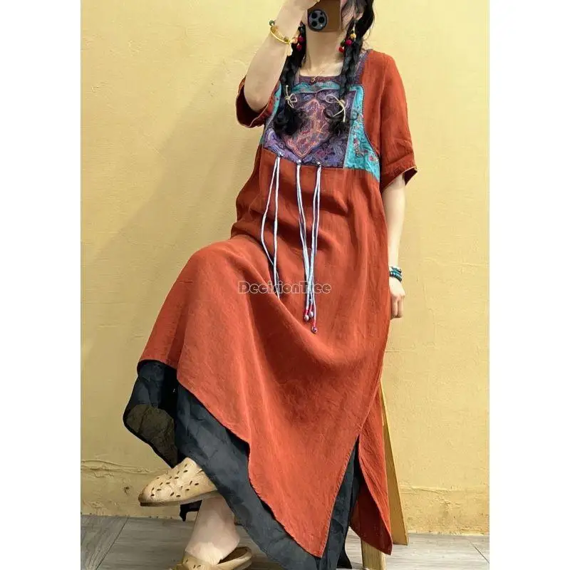 2023 Летнее льняное платье с вышивкой в китайском этническом стиле длинное