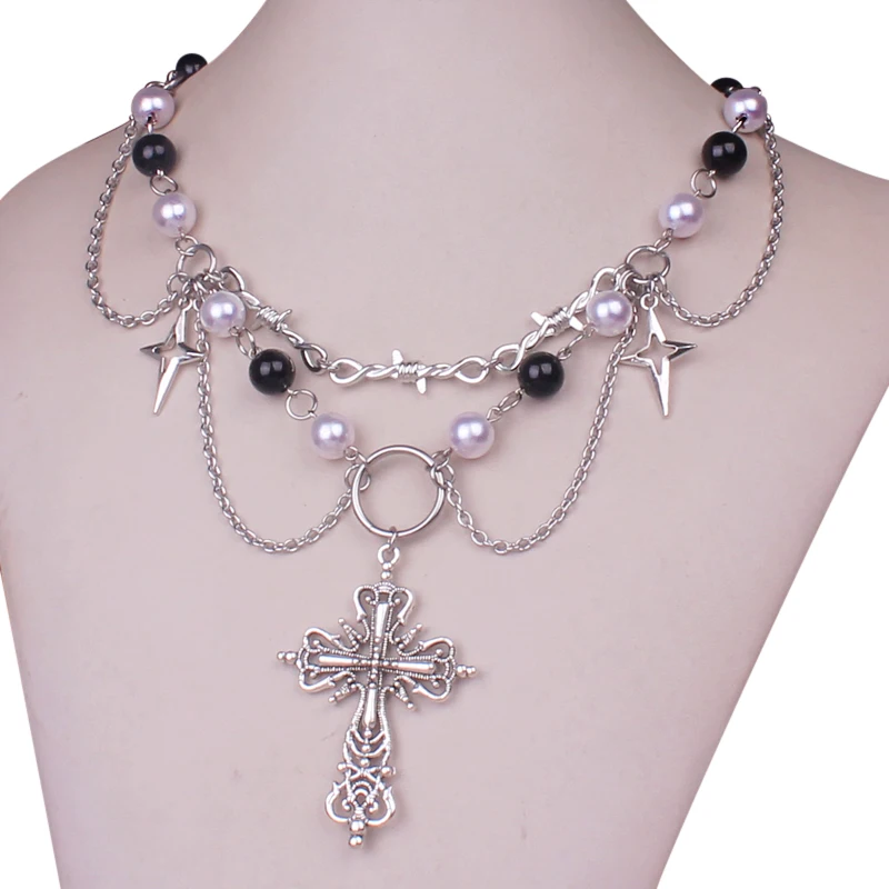 

Punk Gothic Simulated Pearl Grunge Star Cross Layered Necklace For Women Thorns Chain Necklaces Jewelry Accessories Gifts