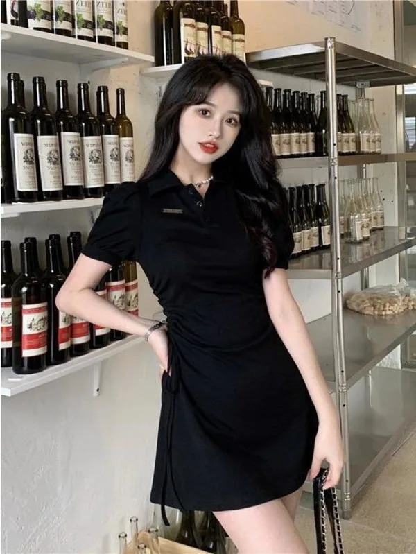 Женское платье-поло с воротником Новинка весна-лето 2024 пояс кулиской для