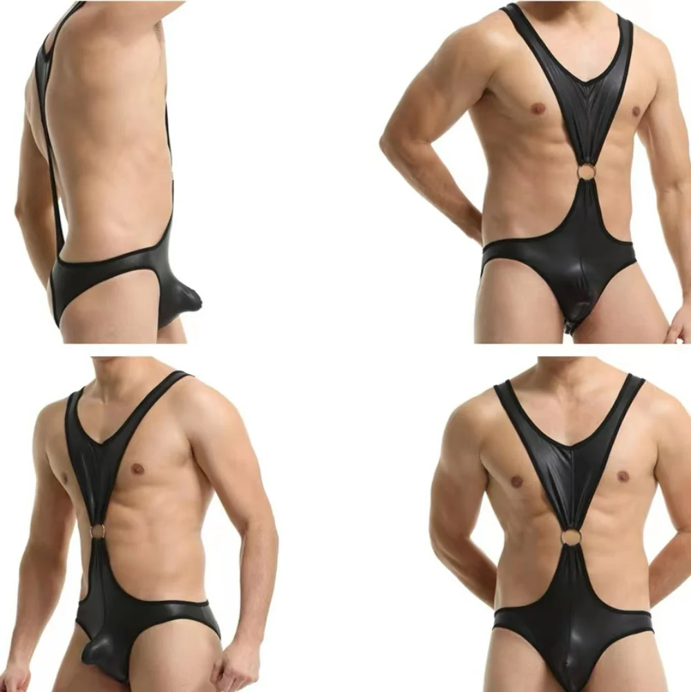 Men's Imitation Patent Leather Wrestling Suit One Piece Suit Beach Corset Back Hollowed Out Briefs Breathable Comfortable