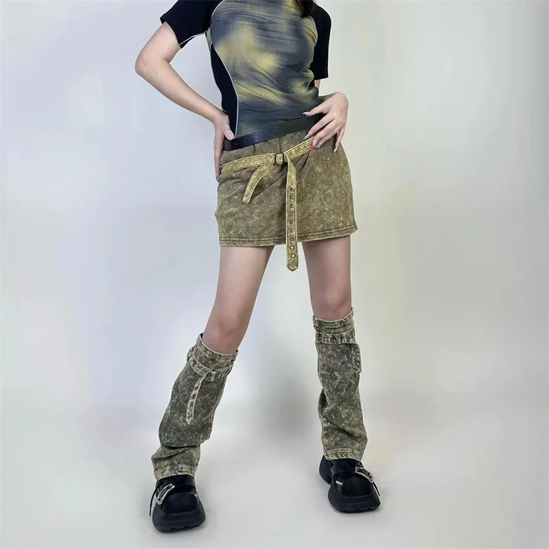 

Женские джинсовые гетры s Y2K в стиле 80-х до колена, джинсовые носки с пряжкой в стиле Харадзюку, панк, готика, гетры, чулки, уличная одежда