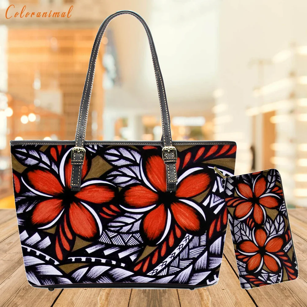 

Hot Sales Women's Shoulder Bag&Wallet Samoan Polynesian Plumeria Printed Handbag for Ladies Tote Bag Bolsa 2Pcs/Set Sac A Mains