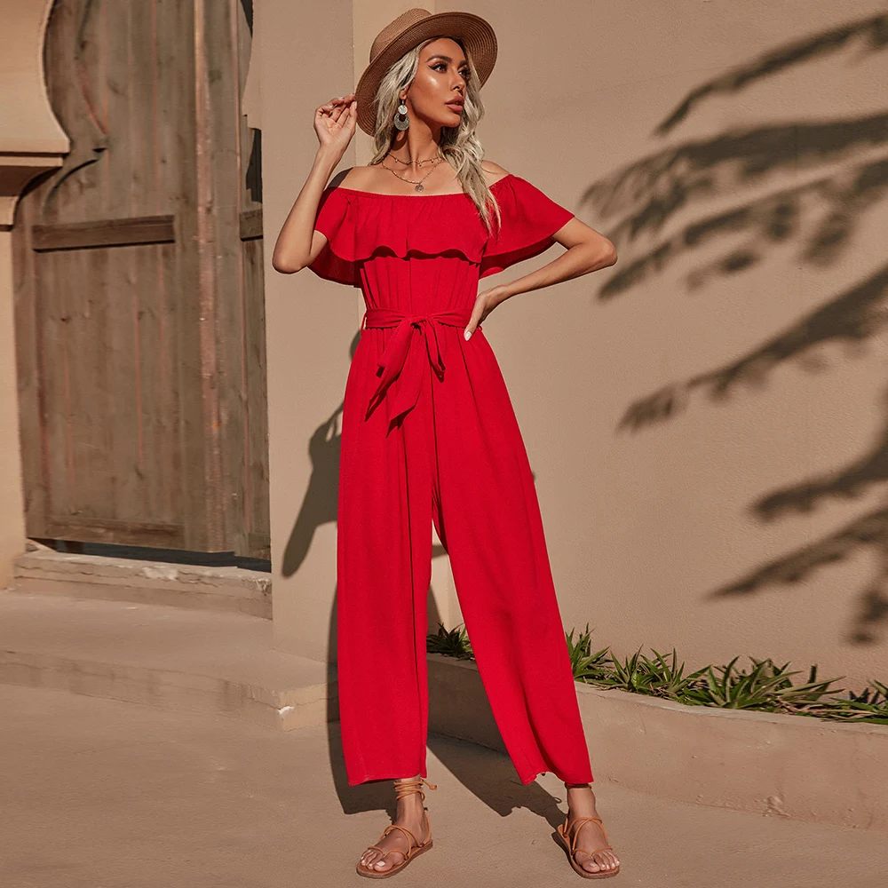 

Spring and Summer Ladies Red Slash Neck Lotus Leaf Sleeve Strapless Belt Thin Pants One-piece
