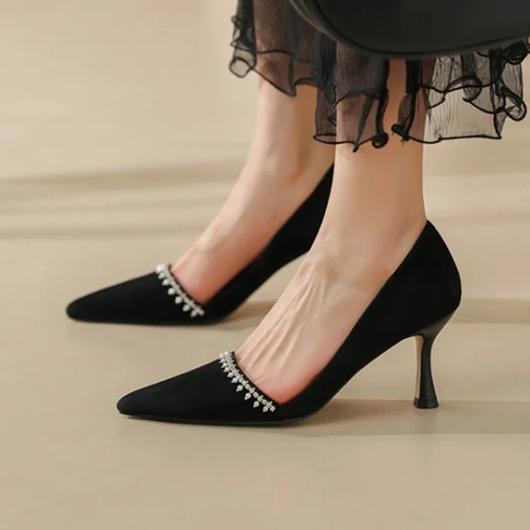 

Туфли женские замшевые с острым носком, шикарный дизайн, заостренный носок, цепочка с кристаллами, тонкий высокий каблук, Свадебная обувь для невесты, бежевые