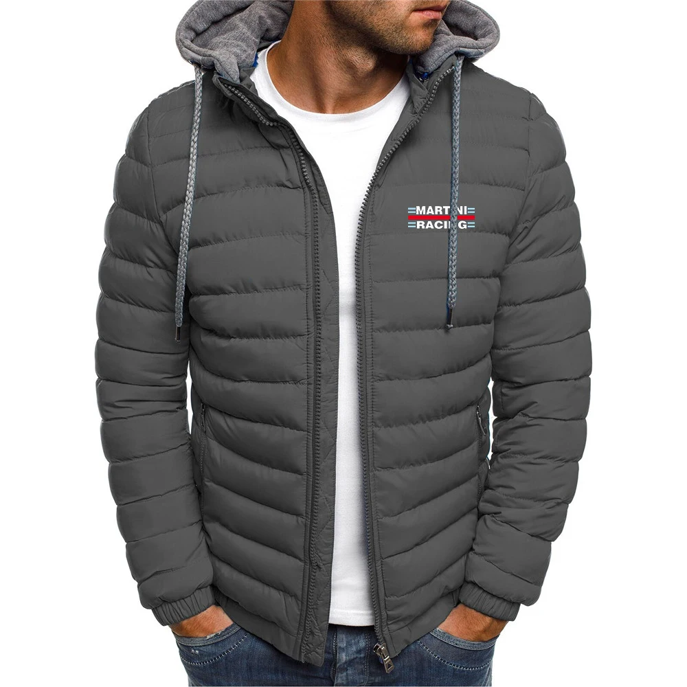 

2023 New Autumn Winter Martini Racing Logo Print Cotton Liner Hooded Thicken Down Coat Men's Solid Color Long Sleeve Zip Jackets