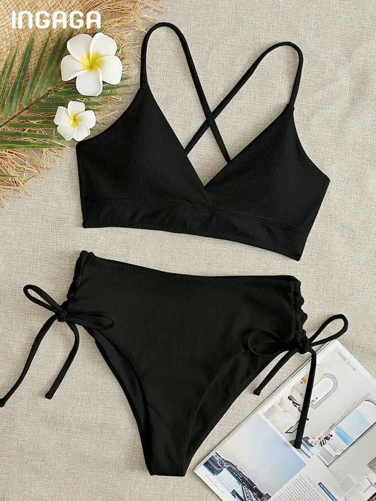 

INGAGA High Waist Women's Bikinis 2022 Ribbed Sexy Swimwear Lace Up Women's Swimsuits Surplice Neck Biquini Black Bathing Suit