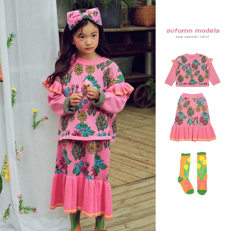 Girls Sweater Set 2022 Autumn Printing Korean Girls Sweater Fashion Pink Girls Skirts Cotton Girls Clothes Children's Clothing