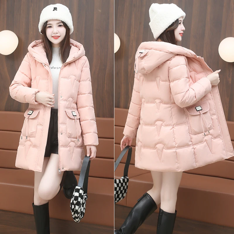 Пуховик средней длины с капюшоном одежда хлопковой подкладкой 2024 женское новое