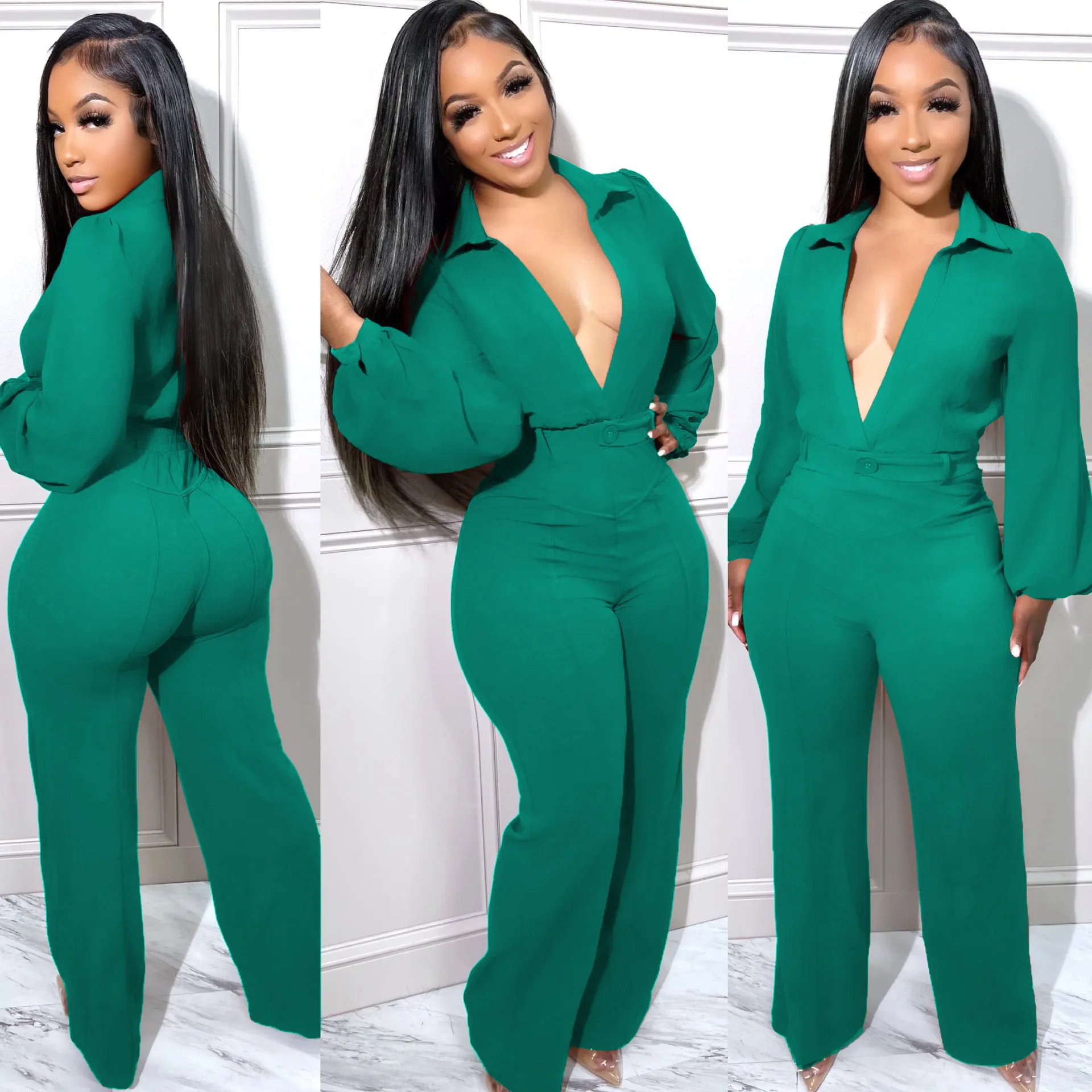 Long Sleeve One Piece Jumpsuits Sexy V Neck Solid Outfit Shirt Blouses Fall Clothes Women Jumpsuit Bodysuit Flare Pants Romper