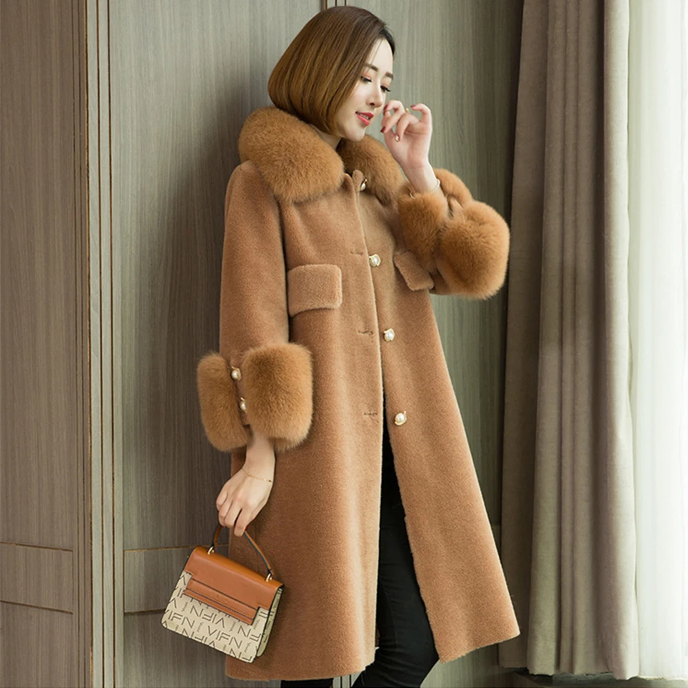 Furyoume Women Winter Jacket Casual Real Granule Sheep Shearing Coat Natural Fox Fur Collar Streetwear Thick Warm Outerwear