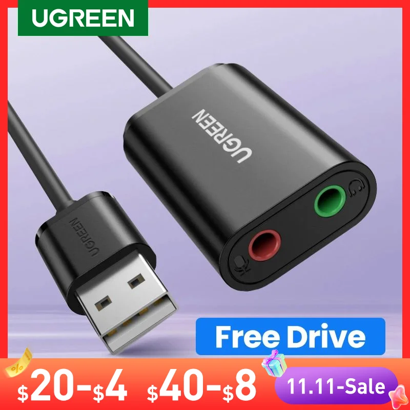 UGREEN Sound Card External 3.5mm USB Adapter USB to Microphone Speaker