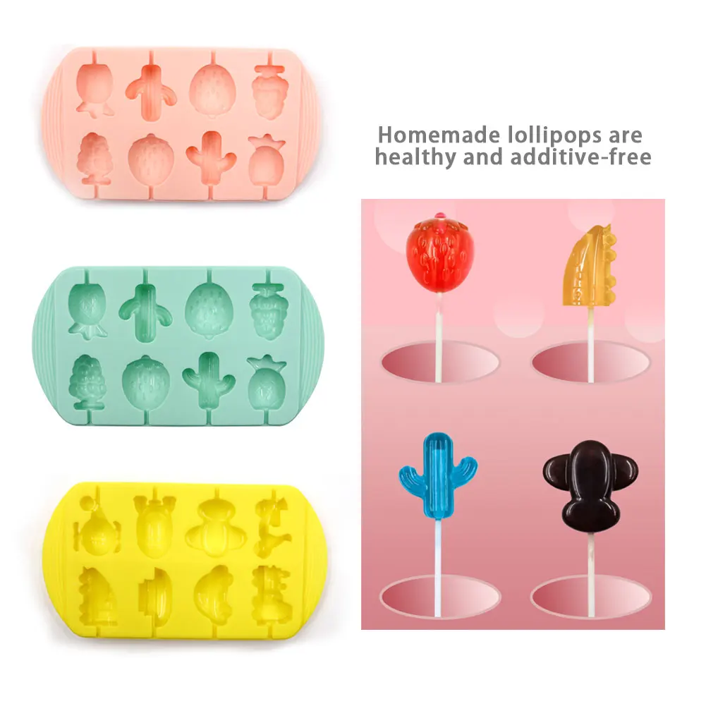 

8 Slots With Lid Reusable Lollipop Mold DIY Baking Soft Silicone Fruit Vehicle Shape Kids Sugar Mould Hard Candy
