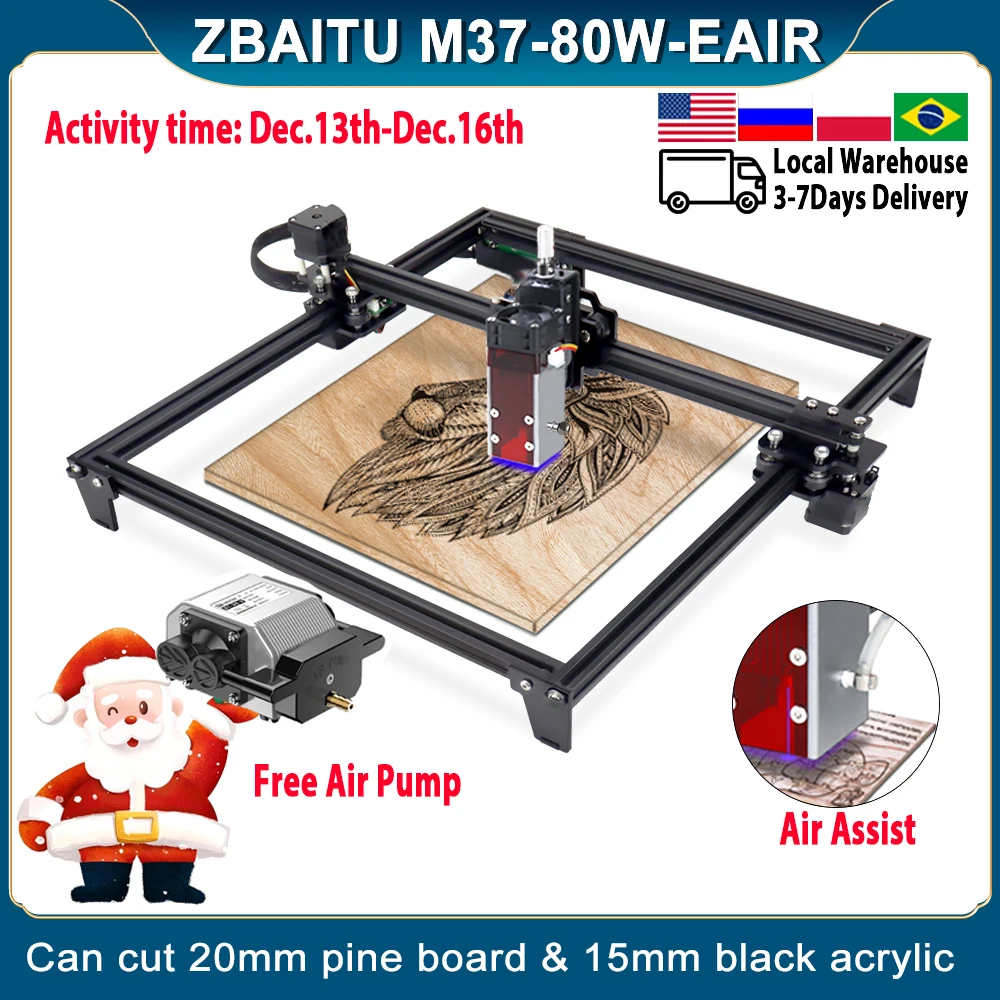 ZBAITU M37-EAIR Laser Engraving Machine 80W Laser Cutter Remaker Wood Engraver 37X37CM with Air Assisted/Offline/FAC Wood Tools
