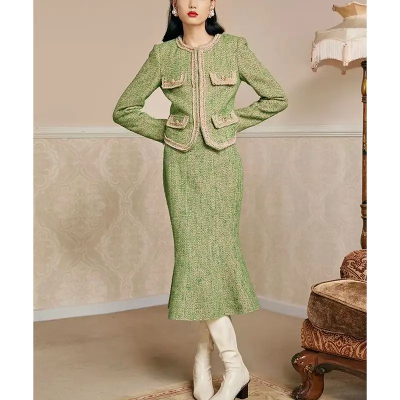 

Spot Western Style Office Ladies Suit Casual Tweed Two Piece Fishtail Skirt Dress Wholesale