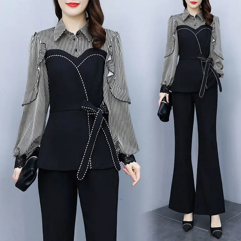 

2023 Spring Autumn Women New Fashion Suits Female Long Sleeve Striped Shirt Tops + Long Flare Pants Ladies Two-piece Set G378