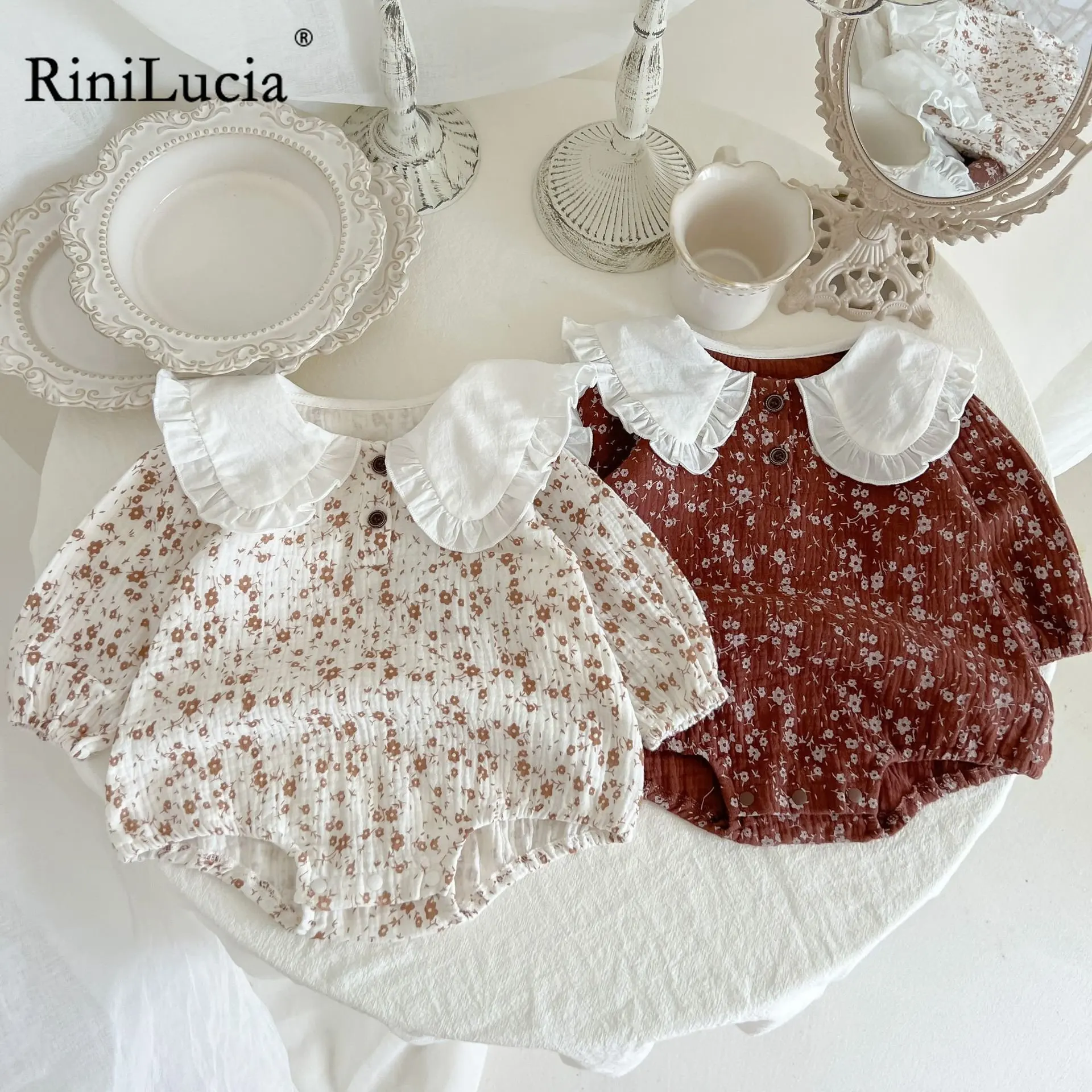 

RiniLucia Spring Newborn Infant Baby Girls Floral Ruffle Lapel Rompers Clothing Autumn Kids Girl Long Sleeve Rompers Clothes