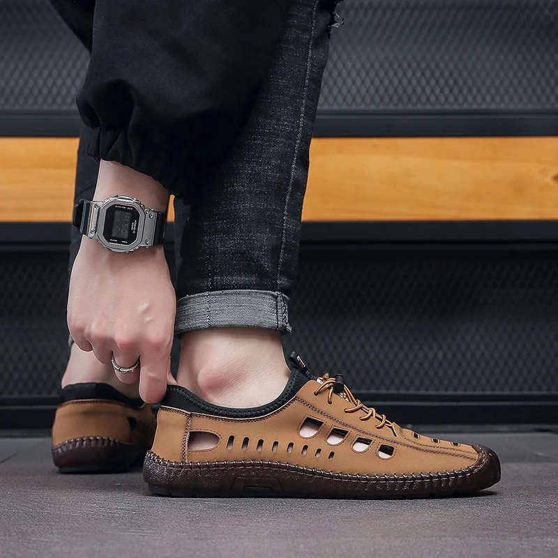 

Genuine Leather Slippers Men Big Size 38-45 Non-slip Casual Shoes Summer Breathable Outdoor Mens Slides Comfortable Beach Sandal
