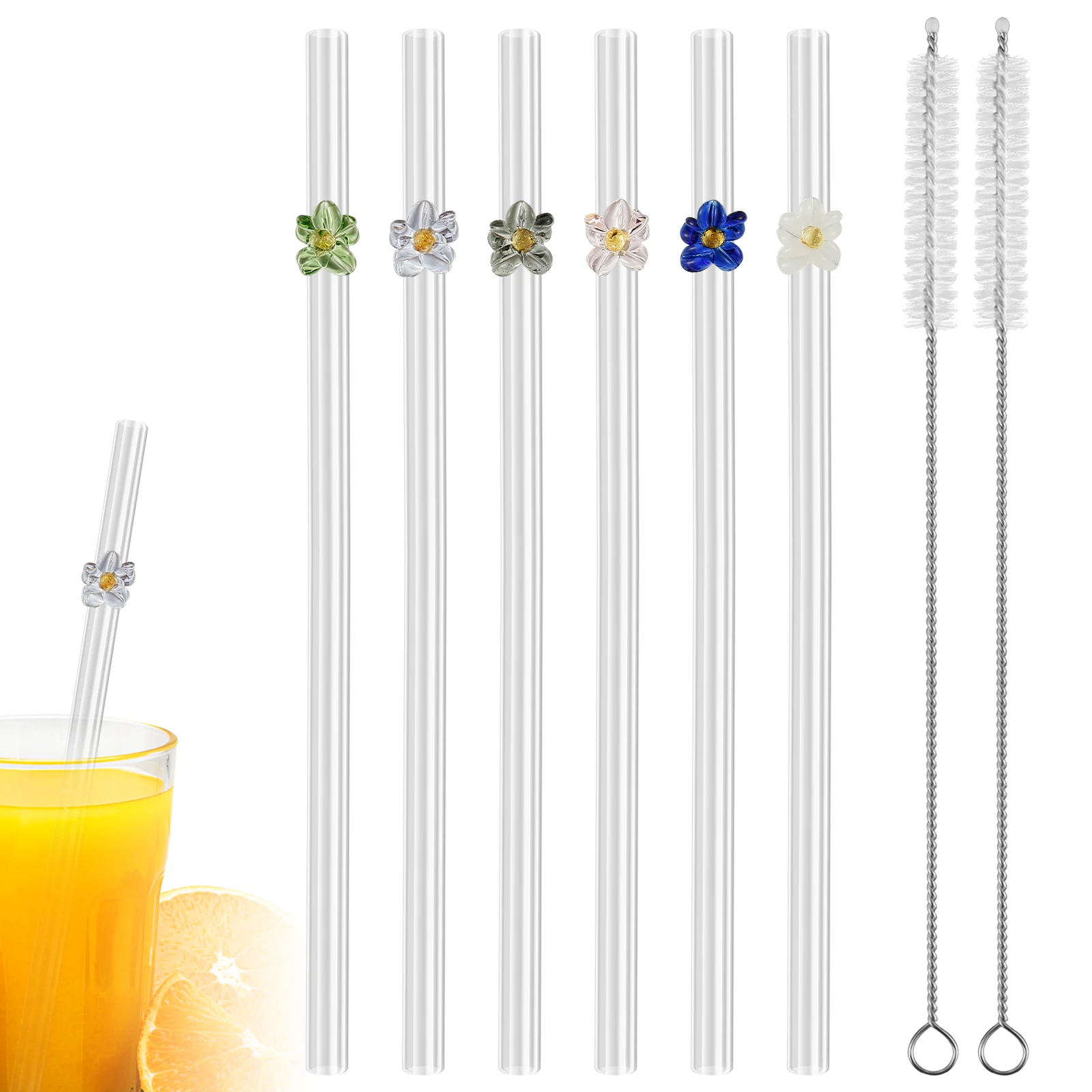 

With Flowers Straws 2 Glass Drinking Cleaning With Reusable 6pcs Straw Barware Drinking Clear Shatter Beverage Brush Resistant