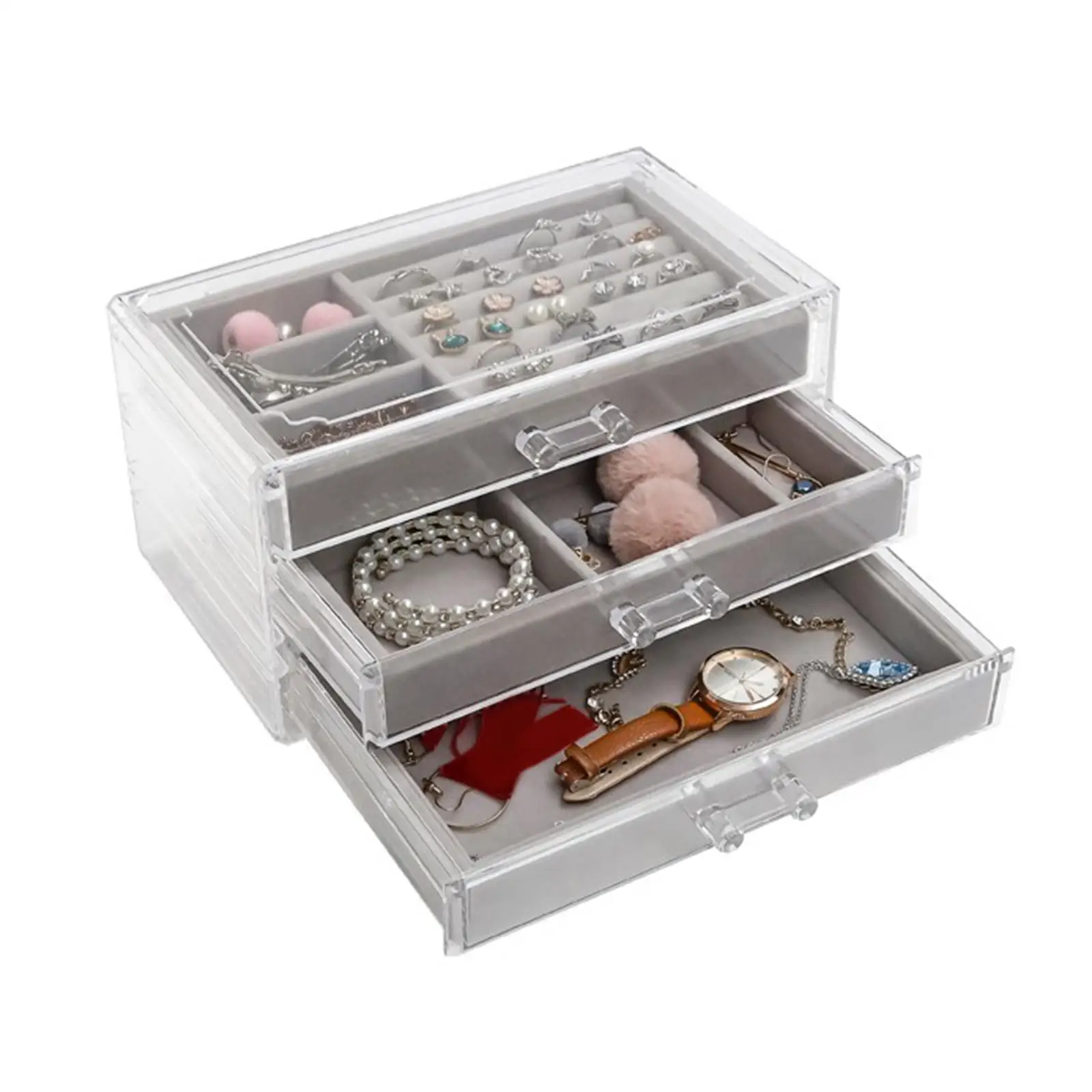 

3 Layer Jewelry Box Organizer Acrylic Soft Portable Display Drawer Jewelry Case for Bracelets Watches Travel Home Girls Women