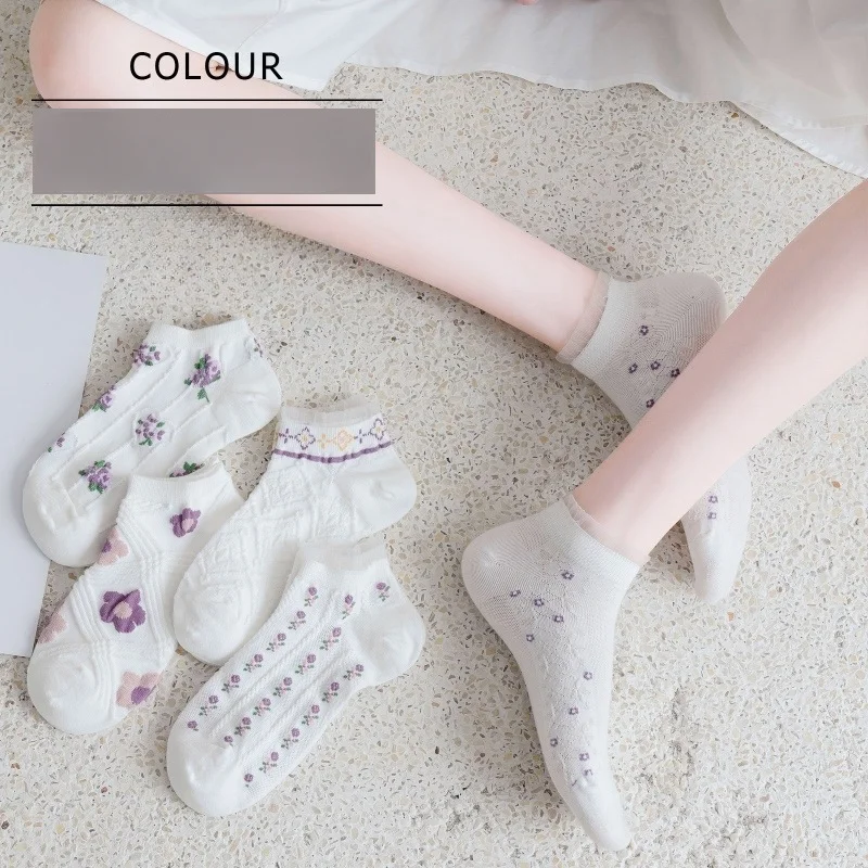 5 Pairs Lot New Women Cute Flower Ankle Socks Set Spring Summer Female Lady Boat Lace Low Cut Girl Happy Short Sock For Women
