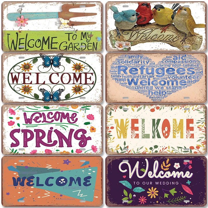 

Welcome to Our Garden License Plate Vintage Metal Tin Signs Welcome Spring Rabbit Metal Plaque Garden Kids Room Home Wall Decor
