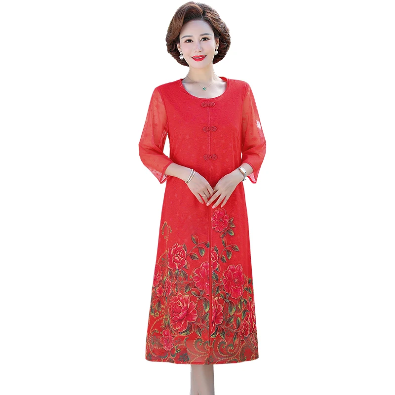 

Three Quarter Flower Printed Chiffon Dress for Women, Loose, Middle Age, Mother Dresses, Summer, New, 2023