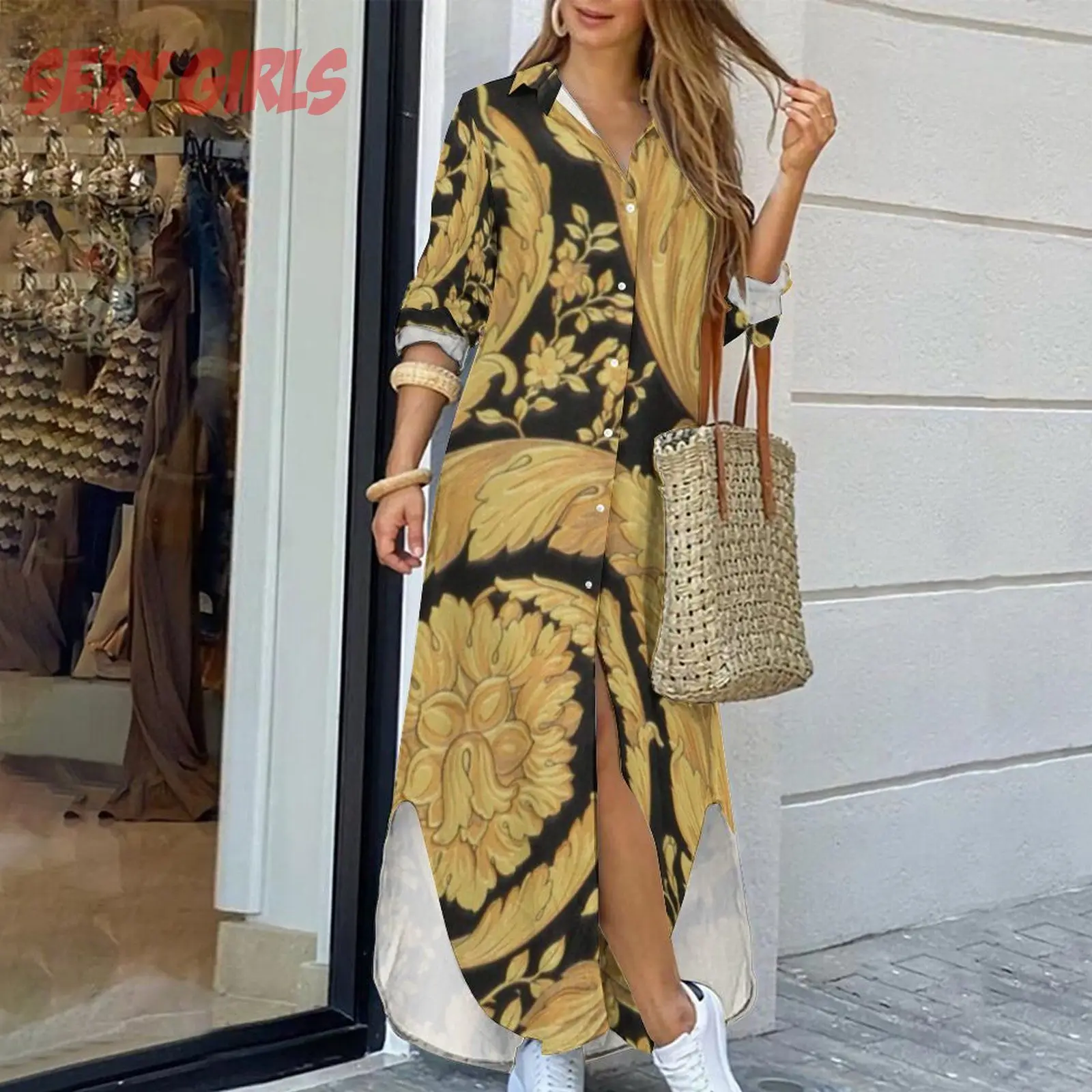 

Vintage Gold Autumn Ladies Shirt Dress Casual Long Sleeves Fashion Turn-down Collar Elegant Pocket Streetwear Female Dresses