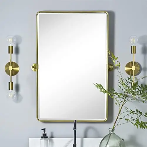 

20 x 24 inch Farmhouse Chrome Metal Framed Pivot Rectangle Bathroom Mirror Rounded Rectangluar Tilting Beveled Vanity Mirrors fo