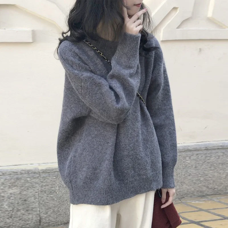 

New Arrival Soft Waxy Sweater Female Gray New Loose Lazy Wind Autumn Winter Wear Pullover Bottoming Shirt Top