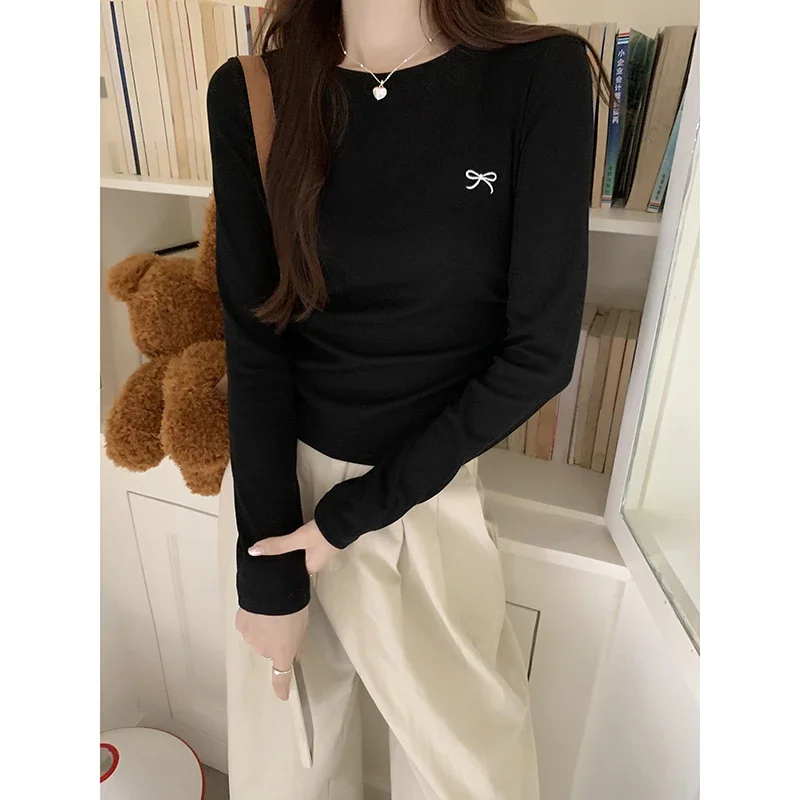 Женские топы с вышивкой бантом и длинным рукавом осенне-зимняя облегающая