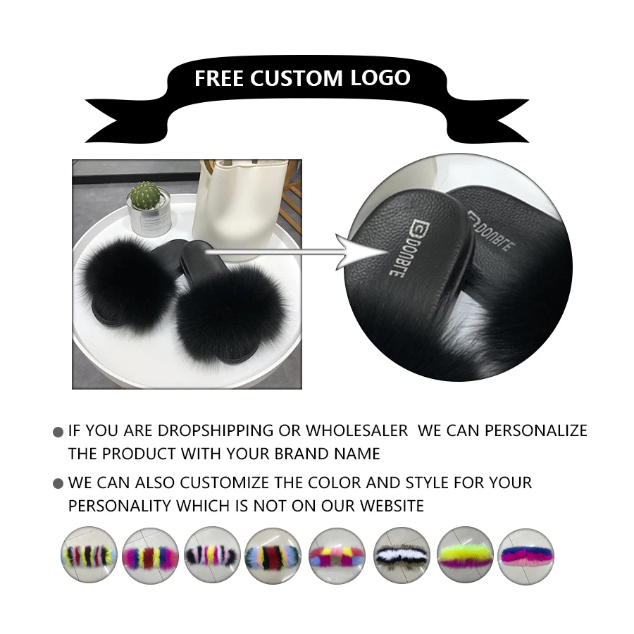 Тапочки из натурального лисьего меха женские домашние пушистые слайдеры меховые