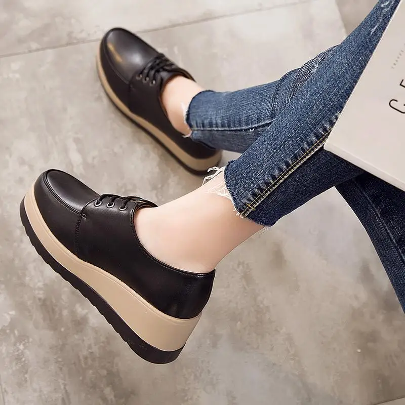 

Thickening Platform Shoes Female Spring And Autumn Versatile Heeled Leather Shoes Slanted Shoes lykj-yx