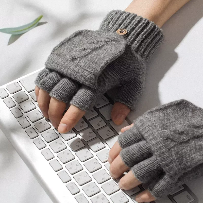 

Wool Knitted Fingerless Flip Gloves Winter Warm Flexible Touchscreen Gloves for Men Women Unisex Exposed Finger Mittens Glove