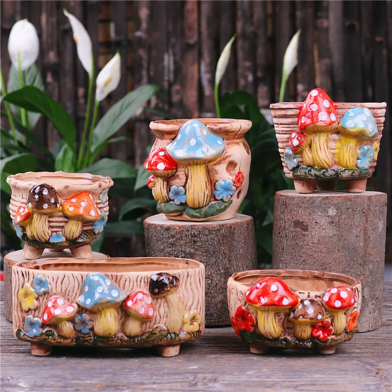 

Fairy Garden Personality Mushroom Stoneware Succulent Flower Pot Living Room Decoration Planter Vintage Handicrafts Bonsai Pots