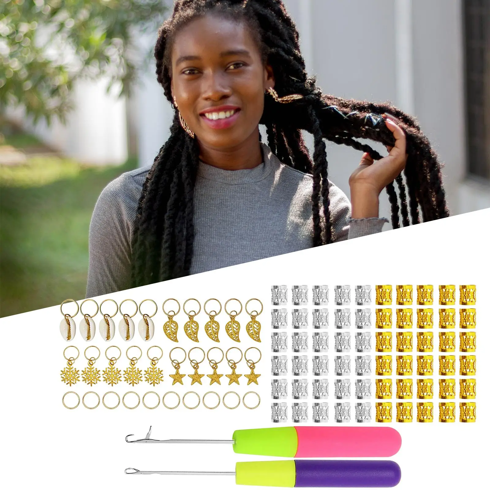 

92Pcs Dreadlocks Braiding Beads Filigree Tube 2 Pcs Crochet Needle Rings Metal Hair Decoration for Crochet Braids Braiding Hair