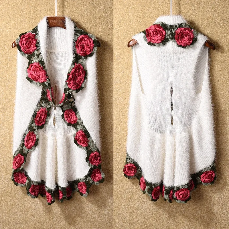 

winter women mohair knitted wraps cargidans lady sleeveless embroidery rose sweaters women crochet flower swing sweaters dis5