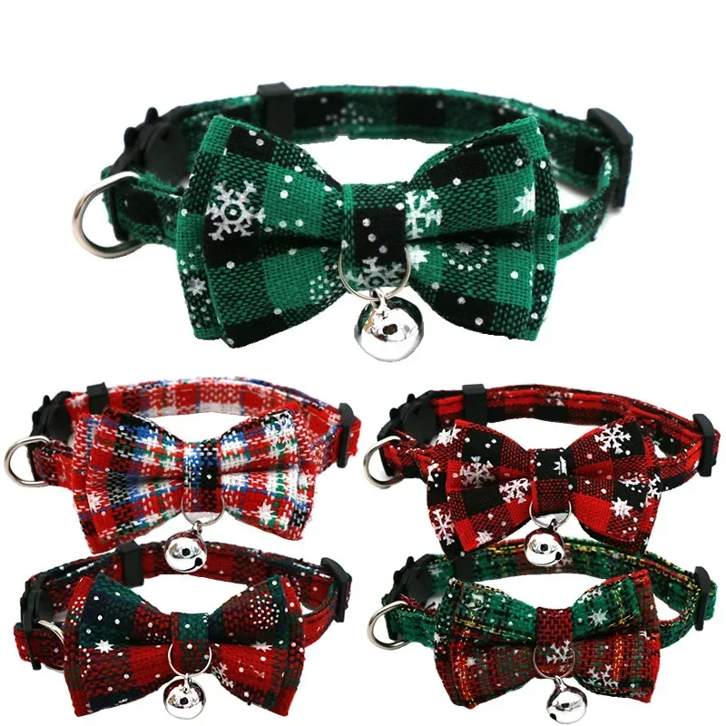 Weihnachten Bowknot Katze kleines Hunde Halsband mit Glocke Plaid Schneeflocke verstellbare abtrenn bare Haustier Schnalle