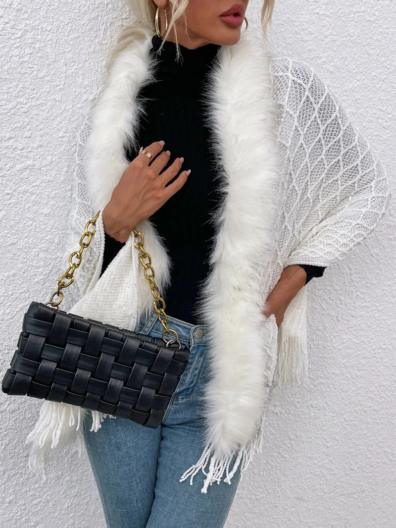 Autumn and Winter 2022 New Light Luxury Noble Temperament Pure White Elegant Fur Neck Tassel Shawl Sweater Coat Women's