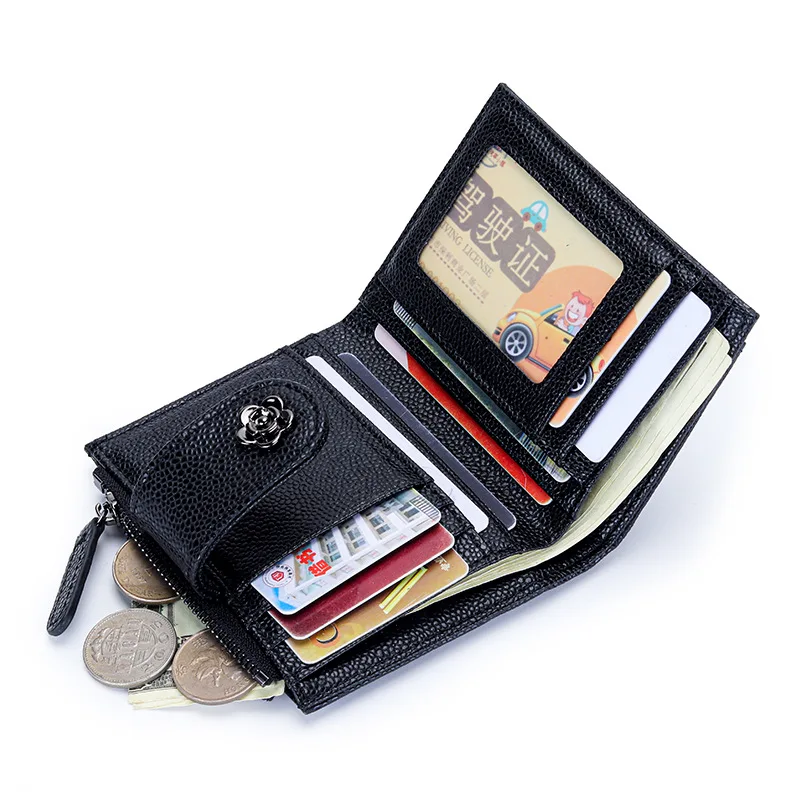 Short Wallet Women Caviar Leather Purse Mini Quilting Design Small Card Holder Female Zipper Coin Pocket Hasp Bifold Wallets