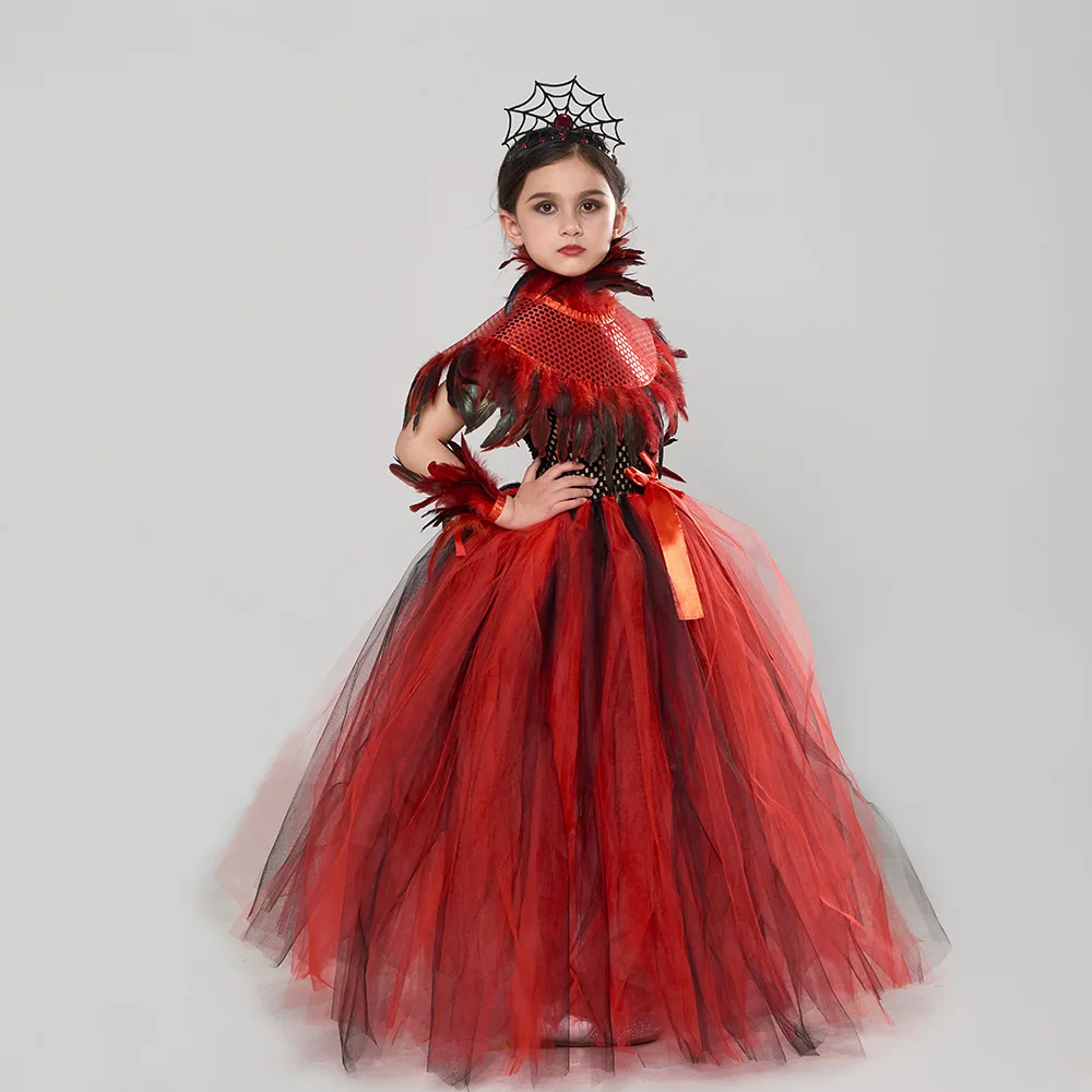 Girls Halloween Cosplay Costume Gothic Demon Queen Kids Vampire Role Playing Costume Spider Witch Tutu Long Dress images - 6