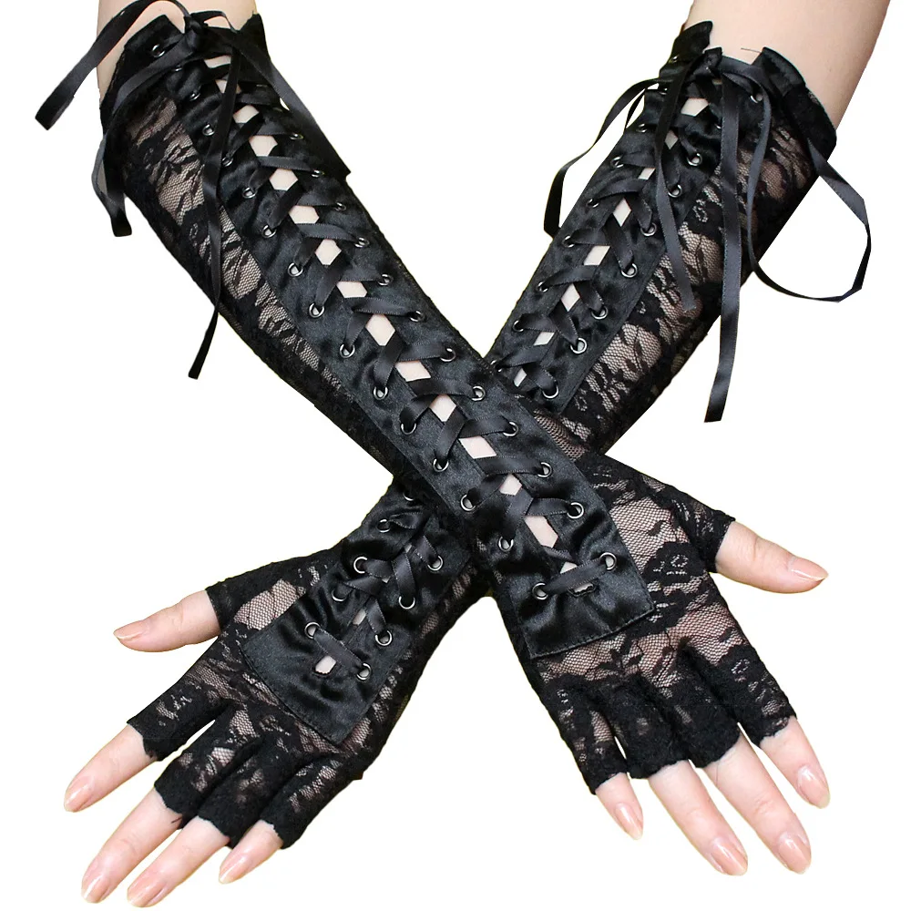 

New Gothic Long Glove Women Sexy Floral Lace Half-Finger Gloves Ribbon Ties Up Dance Party Cosplay Fingerless Fishnet Arm Sleeve