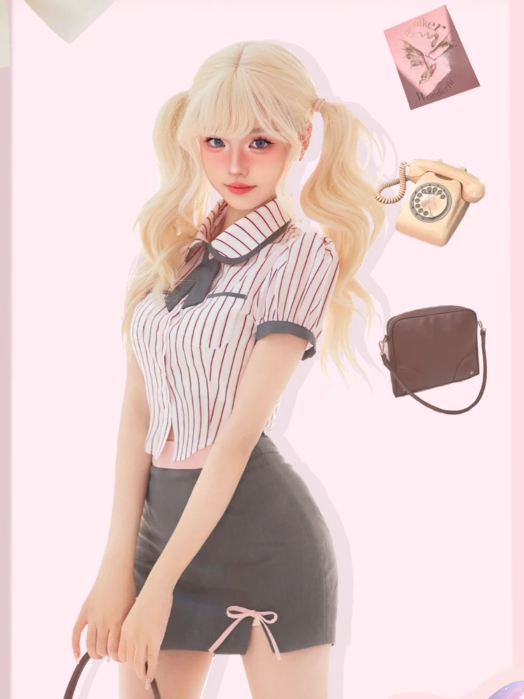 

Casual Japanese Y2k Party Suits Style Women Striped Short Sleeve Blouse + Bodycon Mini Skirts 2023 Summer Kawaii Clothing Outfit